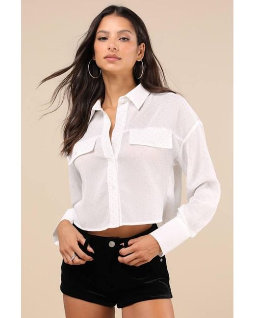 Lulus White Energizing Glitter Rhinestone Button-Up Top