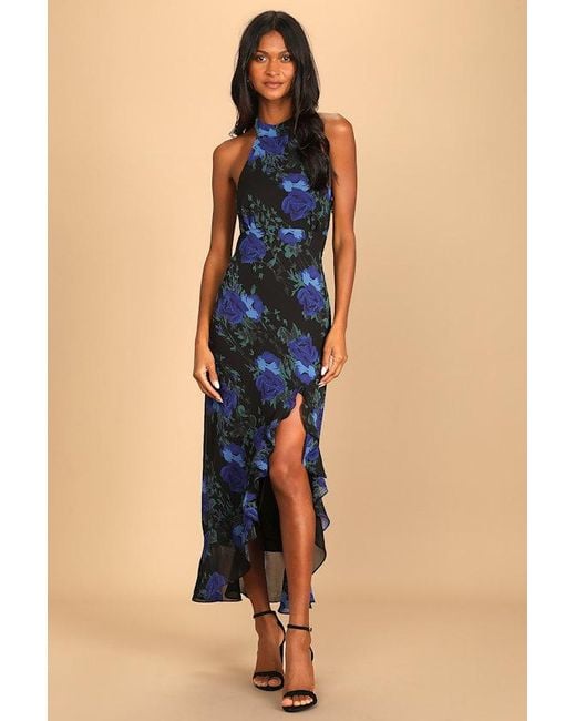 Lulus Blue Elegant Entrance Floral Print Halter Maxi Dress