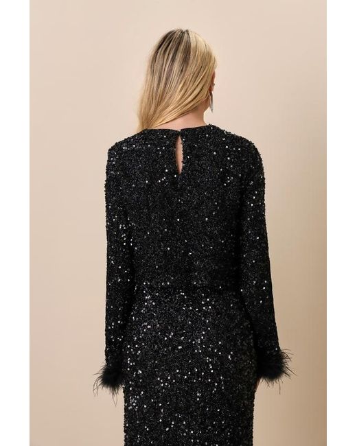 Lulus Black Sparkling Behavior Sequin Feather Long Sleeve Top