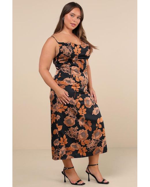 Lulus Black Favorite Icon Floral Satin Cowl Neck Slip Midi Dress