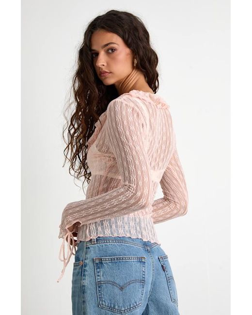 Lulus Pink Lindley Sheer Lace Ruffled Long Sleeve Top