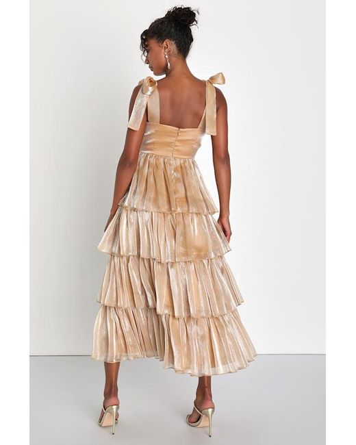 Lulus Natural Radiant Arrival Shiny Organza Tiered Tie-Strap Maxi Dress