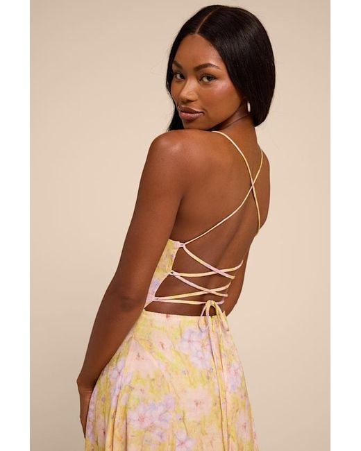 Lulus Natural Chelly Multi Floral Lace-Up Maxi Dress