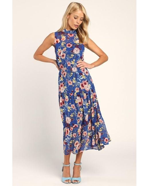 Lulus Blue In My Dreams Floral Print Midi Dress
