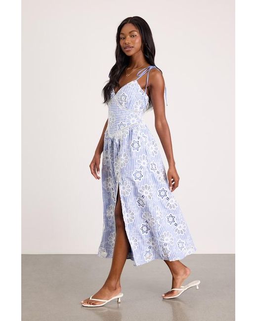Lulus Blue Shilah Striped Floral Tie-Strap Midi Dress