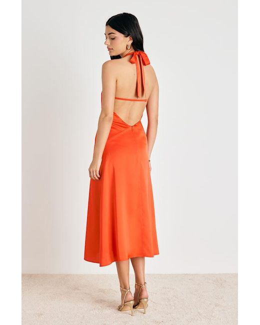 Lulus Orange Deva Satin Halter Midi Dress
