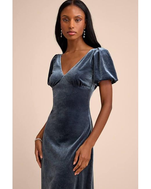 Lulus Blue Obrissa Velvet Puff Sleeve Tie-Back Midi Dress