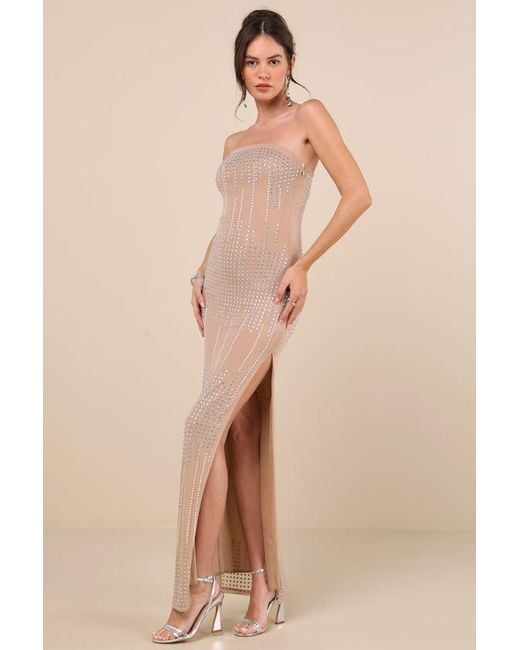Lulus Natural Aarna Mesh Rhinestone Strapless Column Maxi Dress