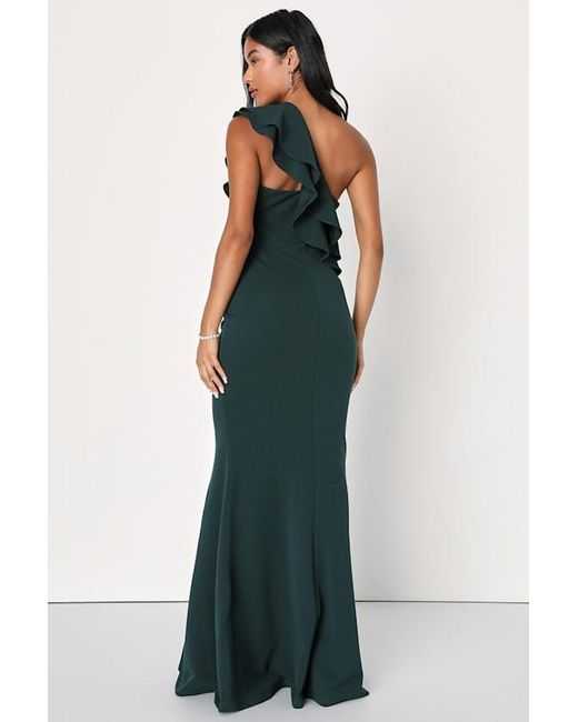 Lulus Blue Grand Beauty Emerald Ruffled One-Shoulder Mermaid Maxi Dress