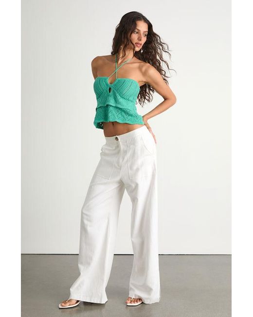 Lulus Green Linden Crochet Cutout Tiered Halter Top