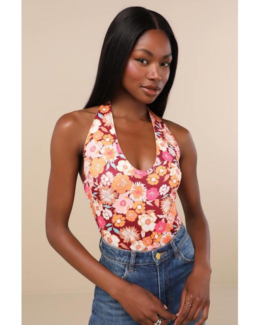 Lulus Orange Boldly Blooming Floral Print Halter Bodysuit