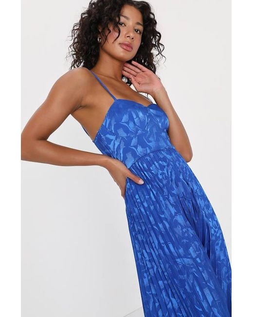 Lulus Blue Chic Sensibility Satin Jacquard Pleated Midi Dress