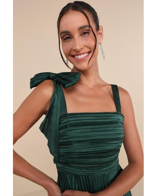 Lulus Green Gorgeous Purpose Emerald Satin Pleated Sleeveless Bow Maxi Dress