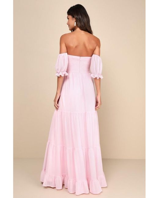 Lulus Pink Exceptionally Gorgeous Blush Chiffon Off-The-Shoulder Maxi Dress