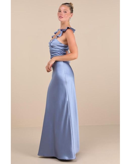Lulus Blue Exuberant Luxury Periwinkle Satin Ruffled Lace-Up Maxi Dress