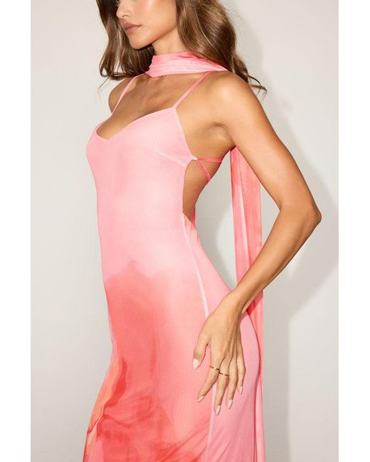Lulus Pink Morena Abstract Mesh Sash Scarf Midi Dress