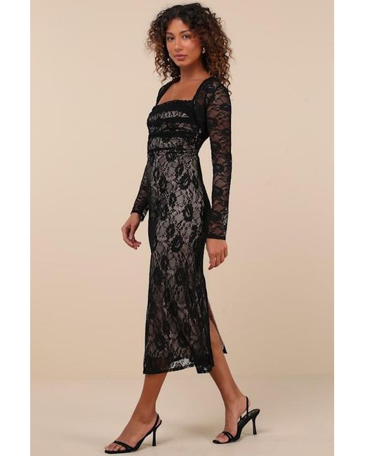 Lulus Black Certainly Iconic Lace Midi Dress And Shrug Set