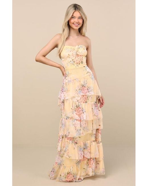 Lulus Natural Niyati Floral Strapless Tiered Maxi Dress