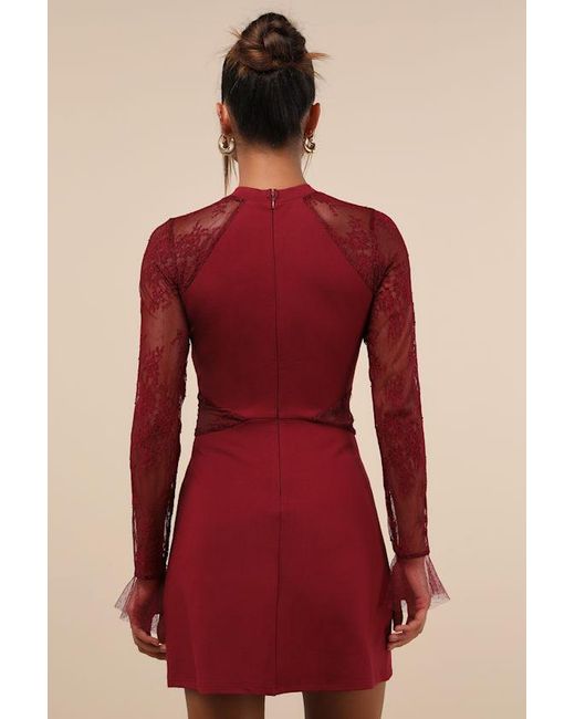 Lulus Red Bragging Rights Lace Long Sleeve Skater Dress