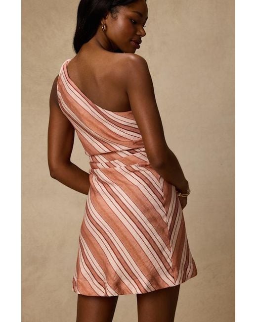 Lulus Brown Marketta Terracotta Striped One-Shoulder Mini Dress