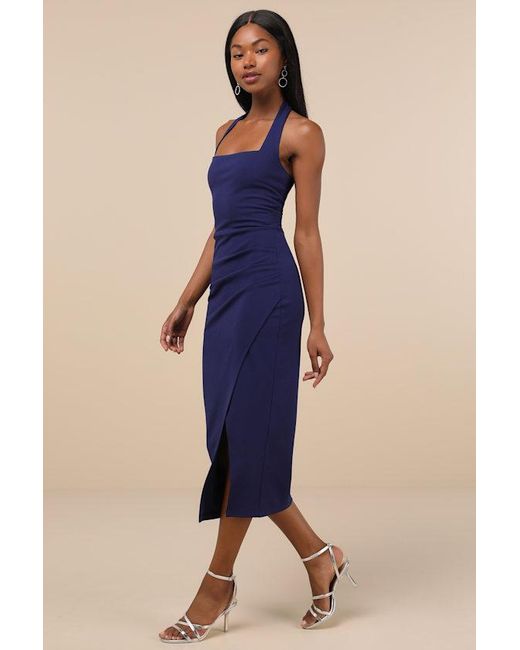 Lulus Blue Prominent Charm Halter Bodycon Tulip Midi Dress