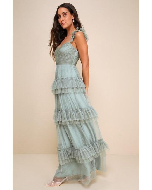 Lulus Green Pure Radiance Sage Brush Mesh Swiss Dot Tiered Maxi Dress