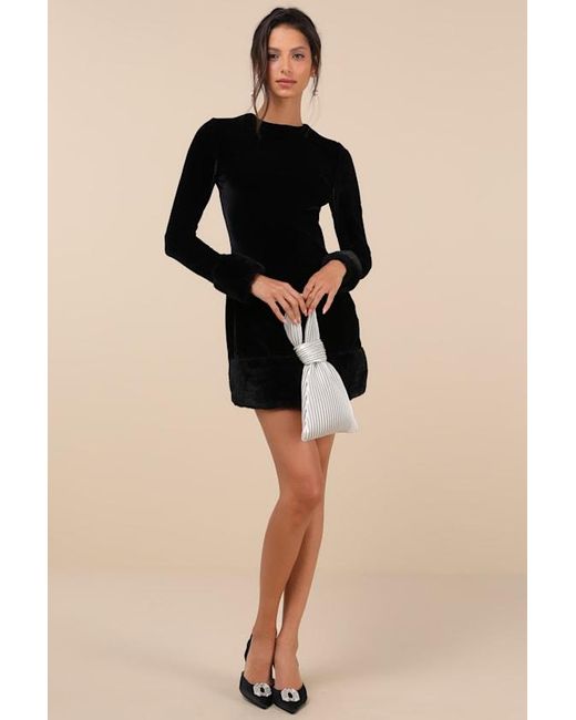 Rare London Black Opulent Charm Velvet Faux Fur Trim Mini Dress