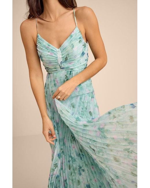 Lulus Blue Whitley Floral Pleated Sleeveless Maxi Dress
