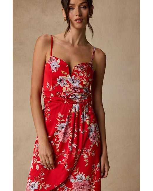 Lulus Red My Favorite Day Floral Print Tulip Skirt Midi Dress