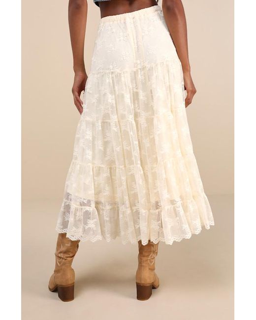 Lulus Blue Exceptionally Graceful Cream Lace High-Rise Tiered Midi Skirt