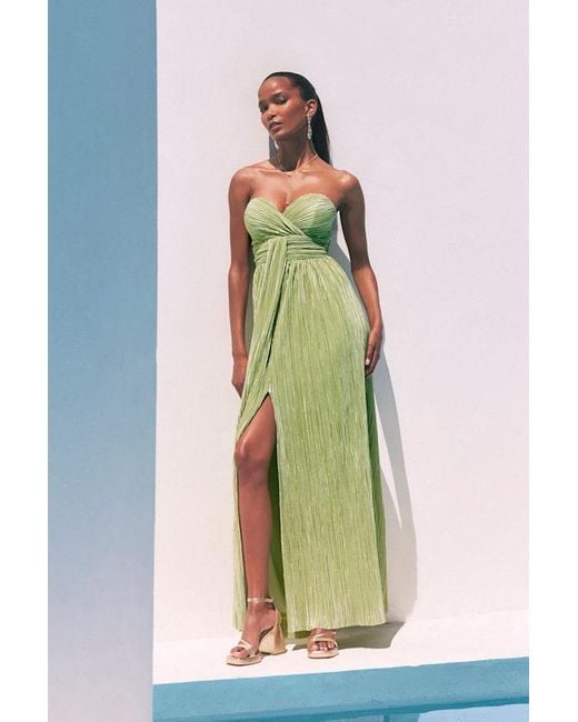 Lulus Green Oswin Lime Satin Plisse Strapless Maxi Dress