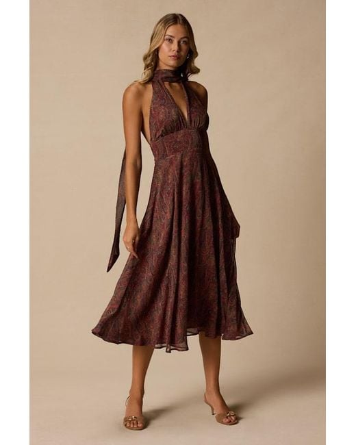 Lulus Brown Kylinda Rust Multi Paisley Midi Dress And Scarf Set