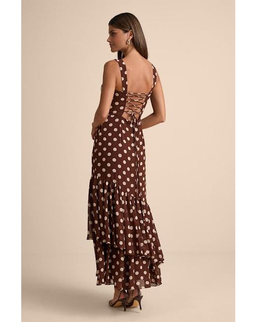 Lulus Natural Raynelle Polka Dot Lace-Up Tiered Maxi Dress