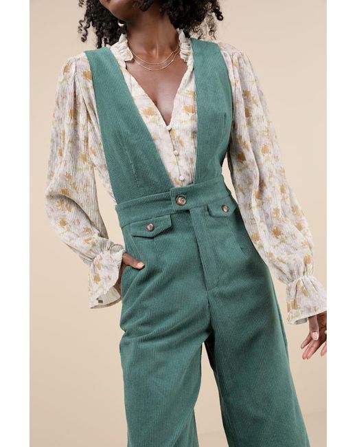 Lulus Green Autumn Energy Corduroy Wide-Leg Overall Jumpsuit