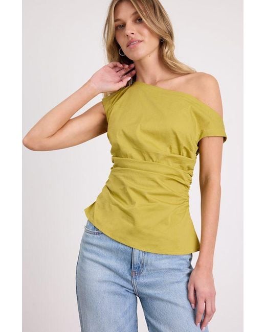 Lulus Green Debonair Chartreuse Poplin Ruched Asymmetrical Top