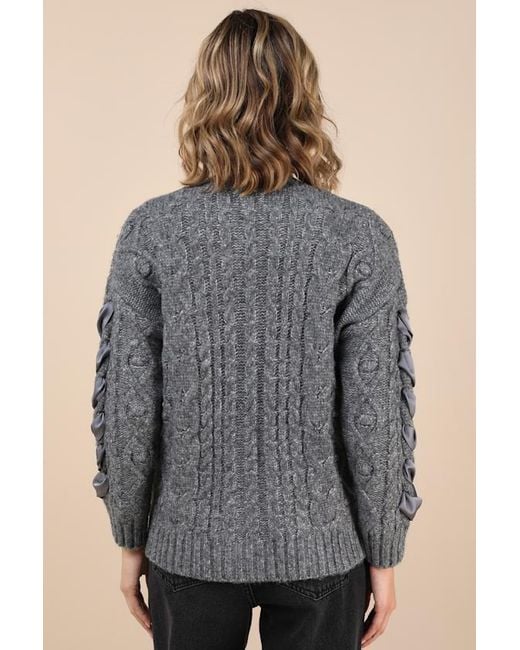 Moon River Gray Hesper Cable Knit Lace-Up Cardigan Sweater