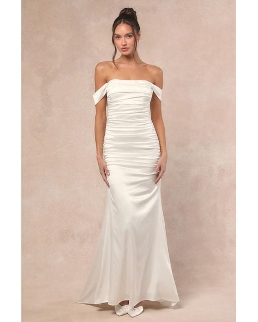 Lulus Natural Torri Satin Off-The-Shoulder Maxi Dress
