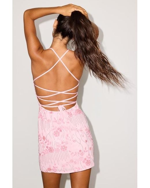 Lulus Pink Gloriana Sequin Lace-Up Mini Dress