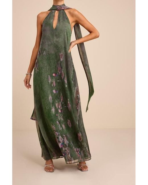 Lulus Green Calixta Abstract Chiffon Sash Shift Maxi Dress