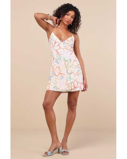 Lulus Pink Cloelia Abstract Floral Button-Front Halter Mini Dress