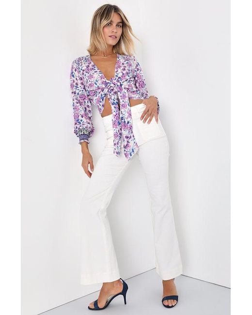 Lulus Purple Blooming With Style Floral Tie-Front Long Sleeve Crop Top