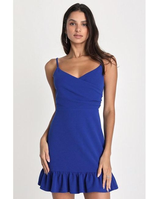 Lulus Blue Impeccable Essence Royal Surplice Tiered Mini Dress