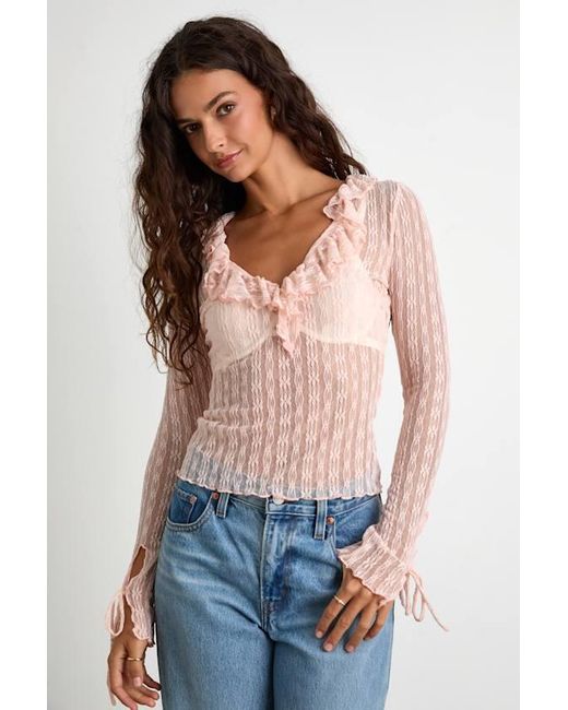 Lulus Pink Lindley Sheer Lace Ruffled Long Sleeve Top