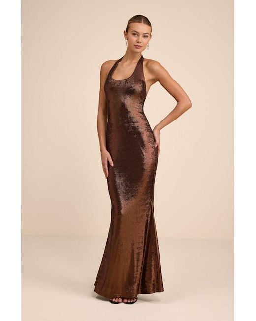 Lulus Natural Airla Shiny Bronze Slinky Knit Halter Maxi Dress