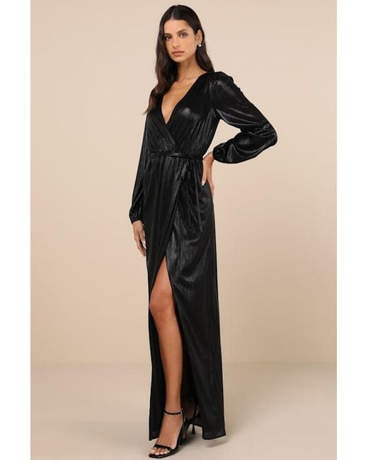 Lulus Natural Extra Aesthetic Shiny Long Sleeve Surplice Maxi Dress