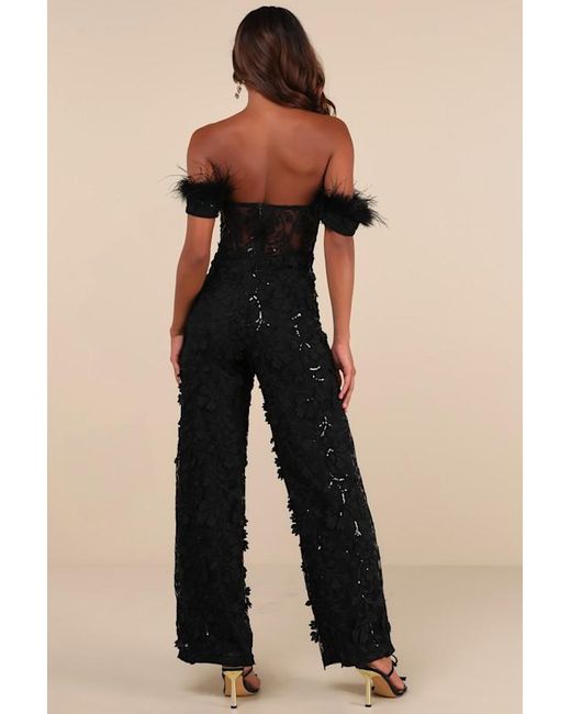 Lulus Black Midnight Sparkle Mesh Embroidered Feather Bustier Jumpsuit