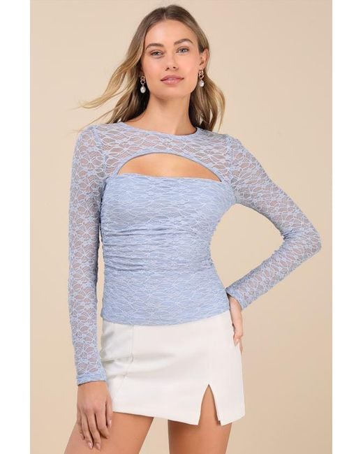 Lulus Blue Dynamic Charm Lace Cutout Long Sleeve Top