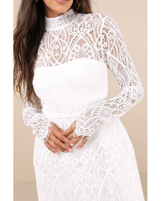 Lulus Natural Gorgeous Attraction Lace Structured Long Sleeve Mini Dress
