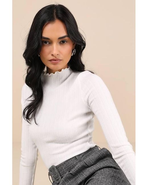Lulus Gray Charmed Vibes Ribbed Lettuce Edge Long Sleeve Top