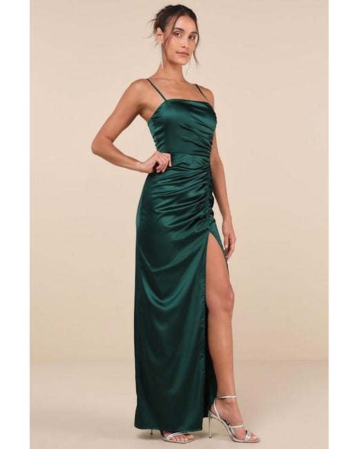 Lulus Blue Luxurious Marvel Emerald Satin Ruched Column Maxi Dress
